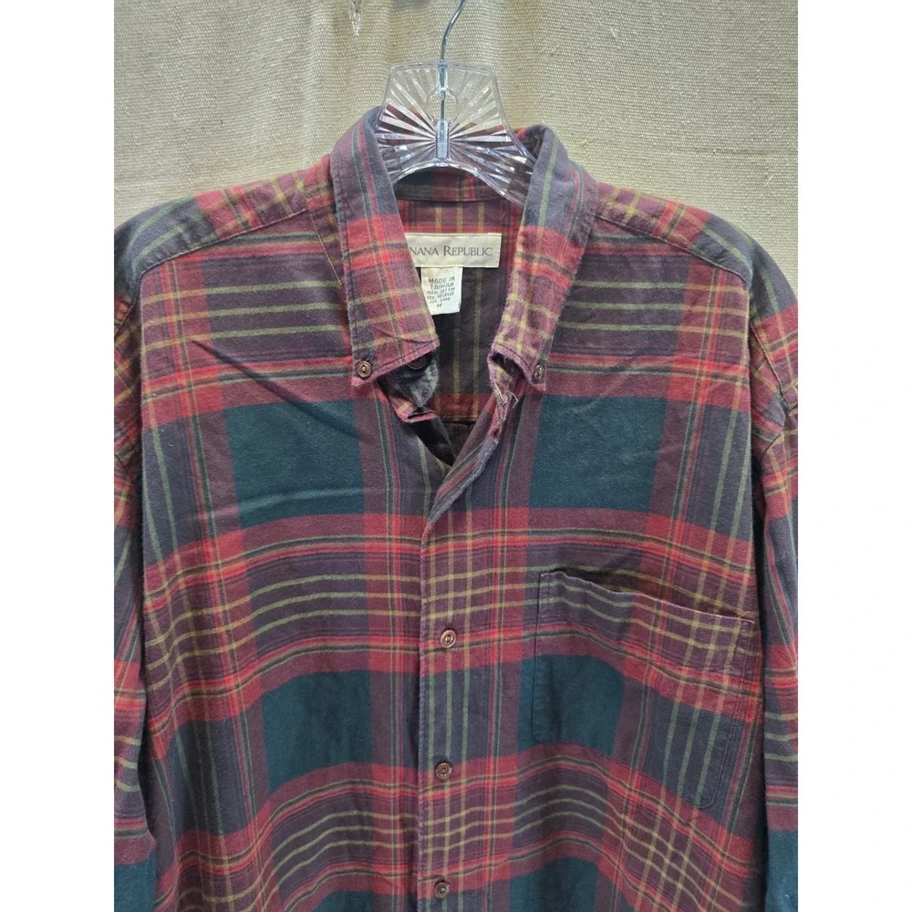 Banana Republic Mens Plaid Flannel Shirt Burgundy Green Cotton Button Down M